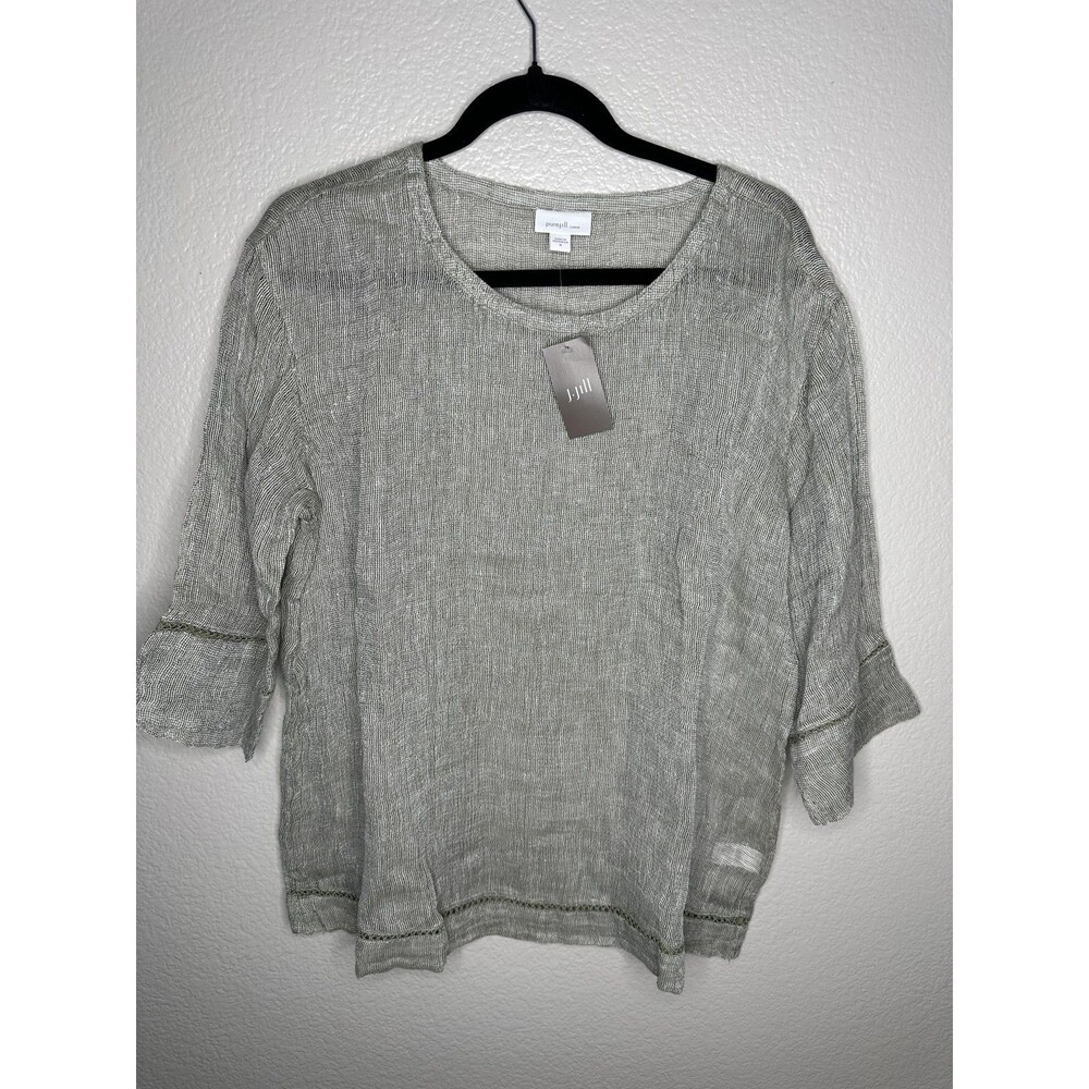 J Jill Sweater Womens Medium Olive White Pure Jill Linen Pullover Textured NWT